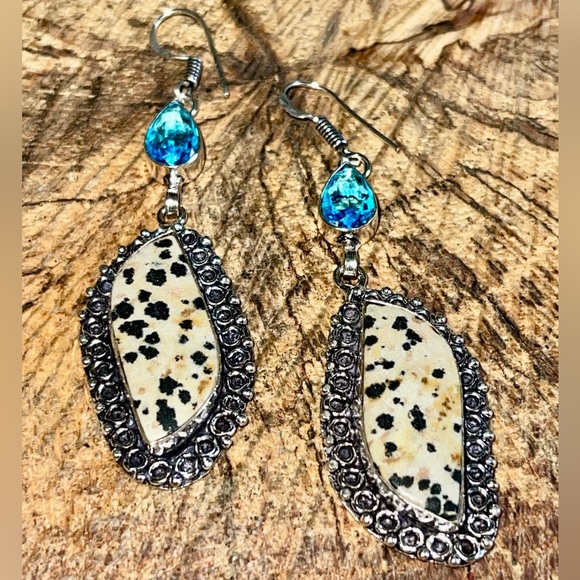 Dalmatian Jasper Stone Earrings 2 1/2” - Picture 2 of 6
